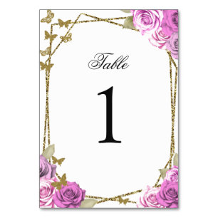 Elegant Pink Roses Quinceanera Gold Table Number