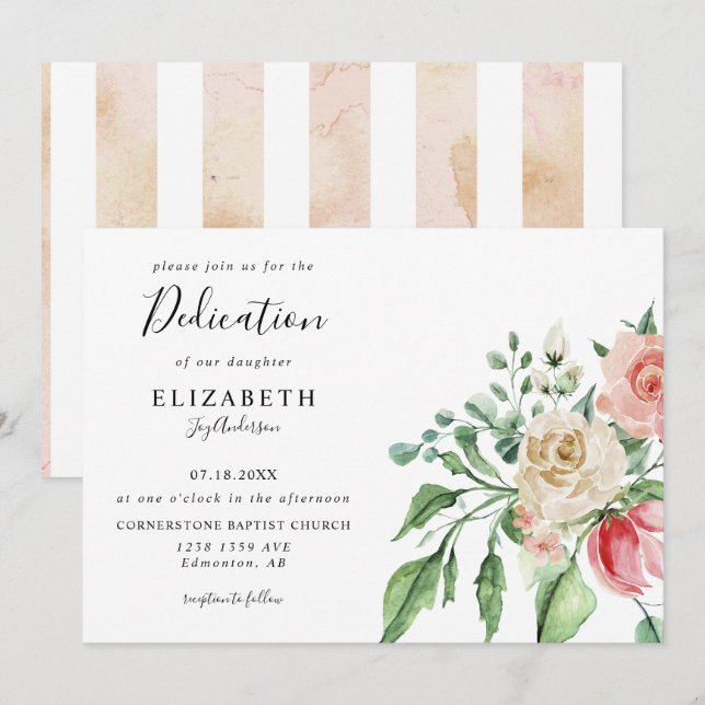 Elegant Pink Roses Watercolor Baby Dedication Invitation (Front/Back)