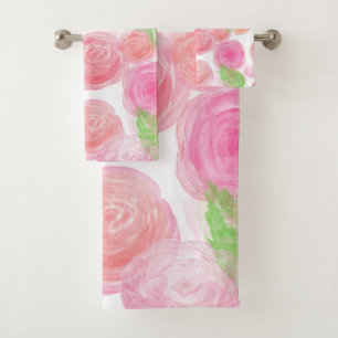 Elegant Pink Roses Watercolor Floral Pattern   Bath Towel Set
