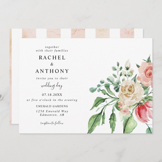 Elegant Pink Roses Watercolor Romantic Garden Invitation (Front/Back)