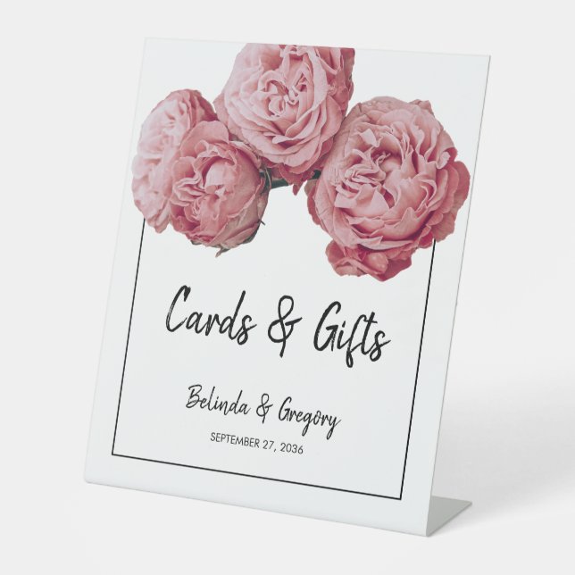Elegant Pink Roses Wedding Cards & Gifts Pedestal Sign (Front)