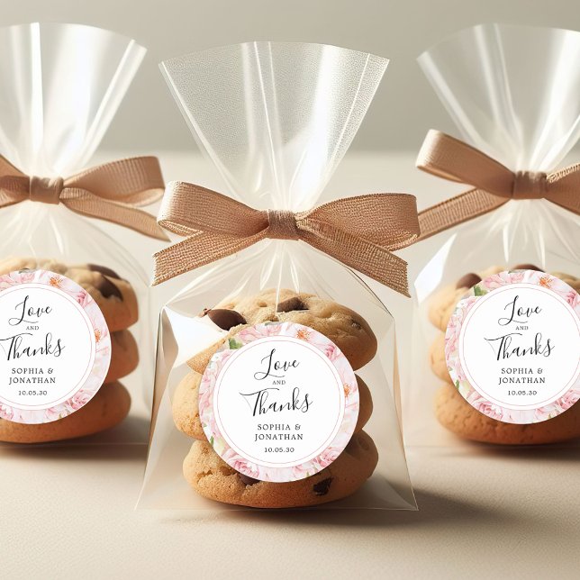 Elegant Pink Roses Wedding Favour Thank You Classic Round Sticker (Elegant Pink Roses Love and Thanks Wedding Favor Stickers)