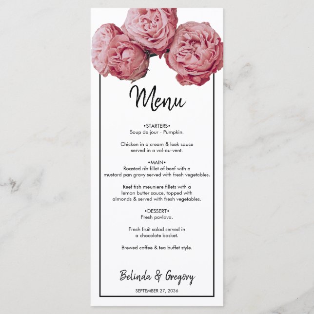 Elegant Pink Roses Wedding Menu (Front)