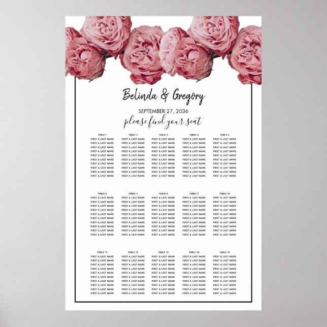 Elegant Pink Roses Wedding Seating Chart (Front)