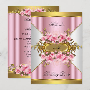 Elegant Pink Roses White Gold Birthday Party Invitation