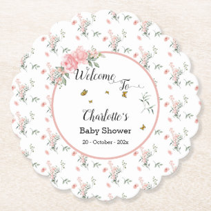 Elegant Pink Roses with Butterflies Baby Shower Paper Coaster
