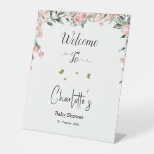 Elegant Pink Roses with Butterflies Baby Shower Pedestal Sign