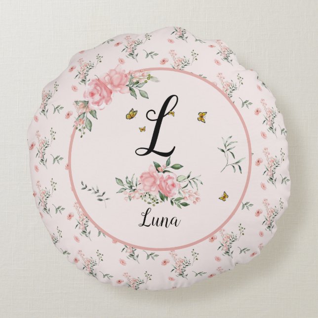 Elegant Pink Roses with Butterflies Round Cushion (Back)