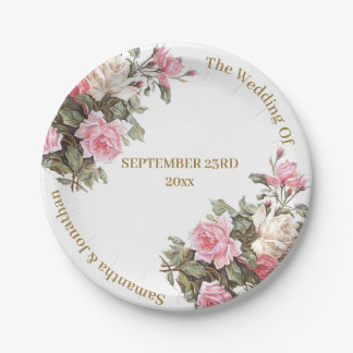 Elegant Pink Roses With Golden Fonts Paper Plate