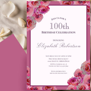 Elegant Pink Roses Women's 100th Birthday Invitation