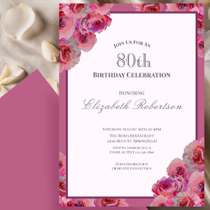 Elegant Pink Roses Women's 80th Birthday  Invitation