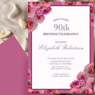 Elegant Pink Roses Women's 90th Birthday  Invitation