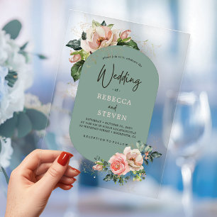 Elegant Pink Sage Modern Floral Acrylic Wedding Invitations