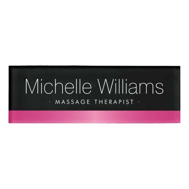 Elegant pink satin border black name tag (Front)