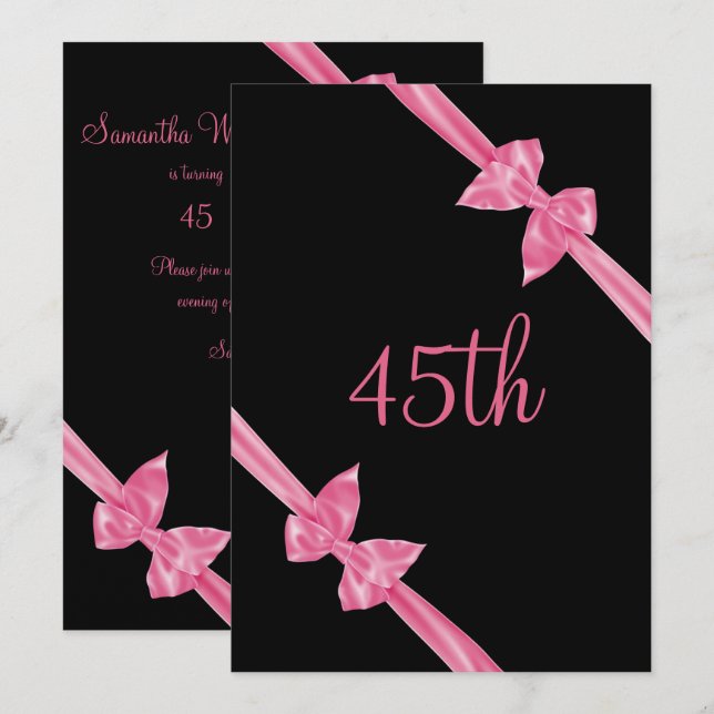 Elegant Pink Satin Bows 45th Birthday Invitation (Front/Back)