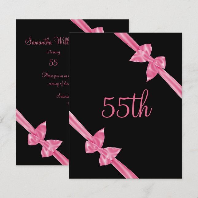 Elegant Pink Satin Bows 55th Birthday Invitation (Front/Back)