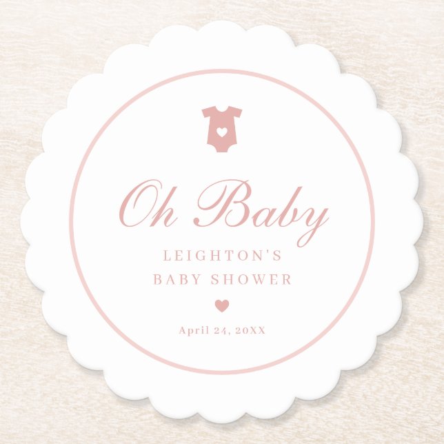 Elegant Pink Script Girls Oh Baby Shower  Paper Coaster (Front)