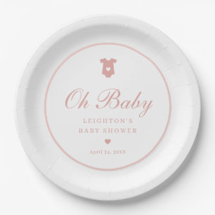 Elegant Pink Script Girls Oh Baby Shower  Paper Plate
