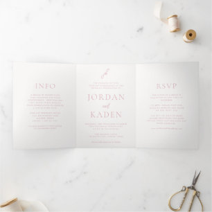Elegant Pink Script Monogram Wedding Tri-Fold Invitation