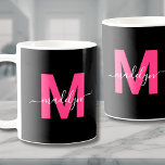 Elegant Pink Script Name Initial Monogram Coffee Mug<br><div class="desc">Personalised Modern Elegant Pink And Black Script Name Initial Monogram Coffee Mug. This chic, feminine mug brings a stylish, personal touch to any coffee or tea lover’s collection. Featuring a bold magenta pink initial over a sleek black background with a delicate white script name, the monogram is displayed on both...</div>