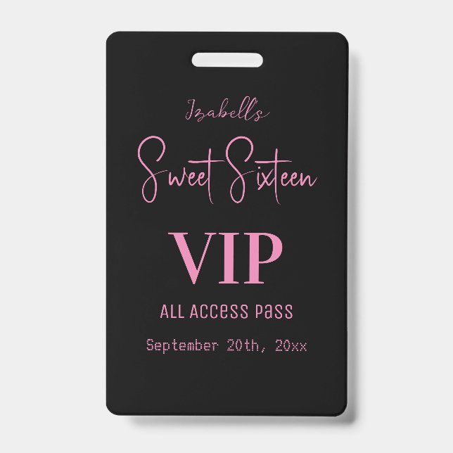 Elegant Pink Script Sweet Sixteen Invitation VIP  ID Badge (Front)