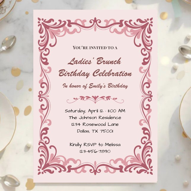 Elegant Pink Scroll Ladies’ Tea Birthday Party Invitation (Creator Uploaded)