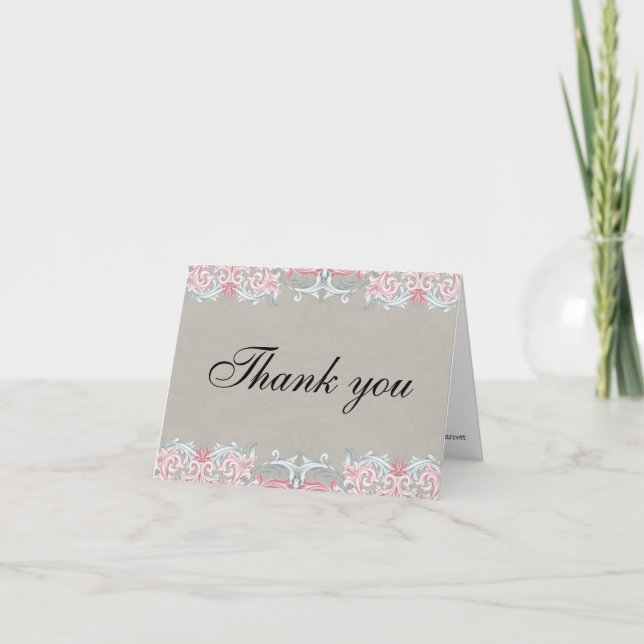 Elegant Pink Scrolls Thank You Card (Front)