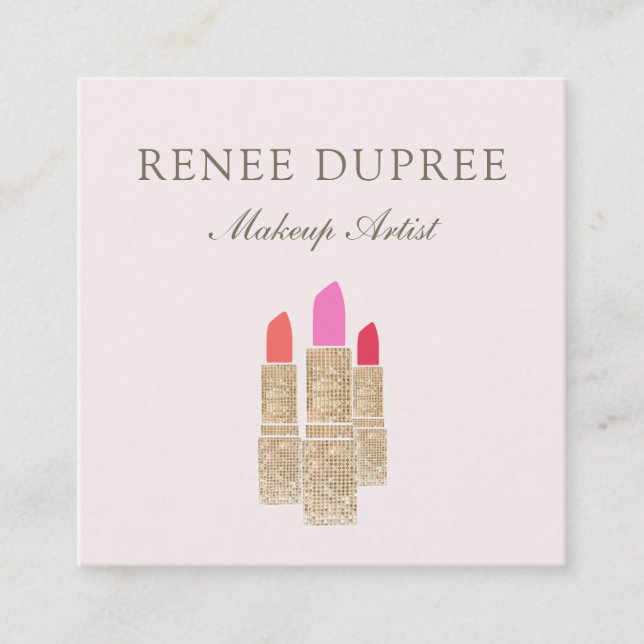 Elegant Pink Sequin Lipstick Makeup Artist Beauty Square Business Card (Front)