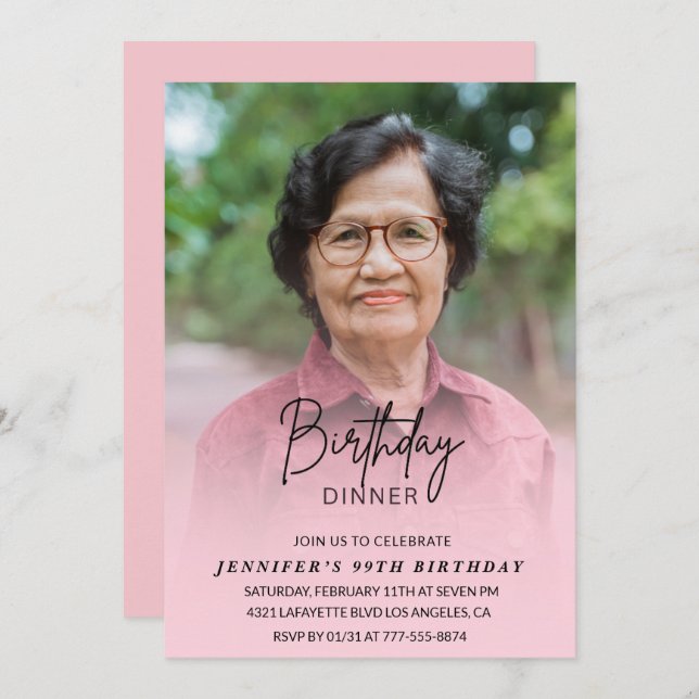 Elegant Pink Shadow Dinner Photo 99th birthday Invitation (Front/Back)