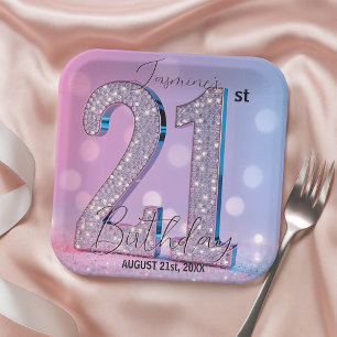 Elegant Pink Shimmering Diamonds 21st Birthday Paper Plate