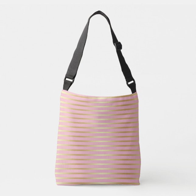 Elegant Pink Shiny Gold Stripes Glamour Cute Crossbody Bag (Front)