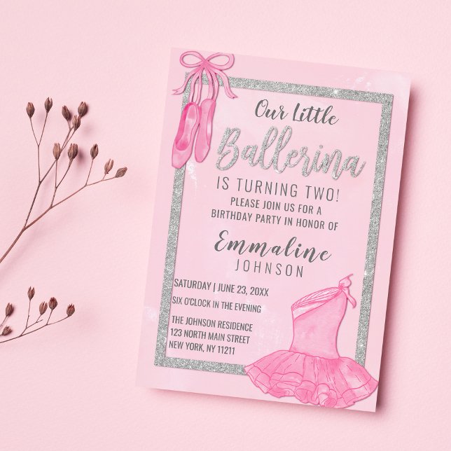 Elegant pink silver ballerina watercolor Birthday Invitation (Elegant pink silver ballerina watercolor Birthday)