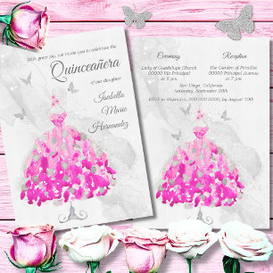 Elegant Pink & Silver Butterflies Quinceañera Invitation
