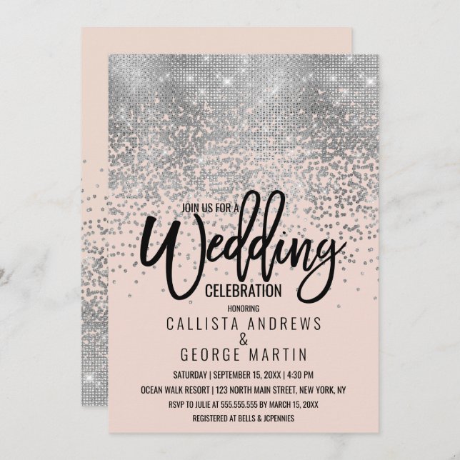 Elegant Pink Silver Glitter Confetti Wedding Invitation (Front/Back)