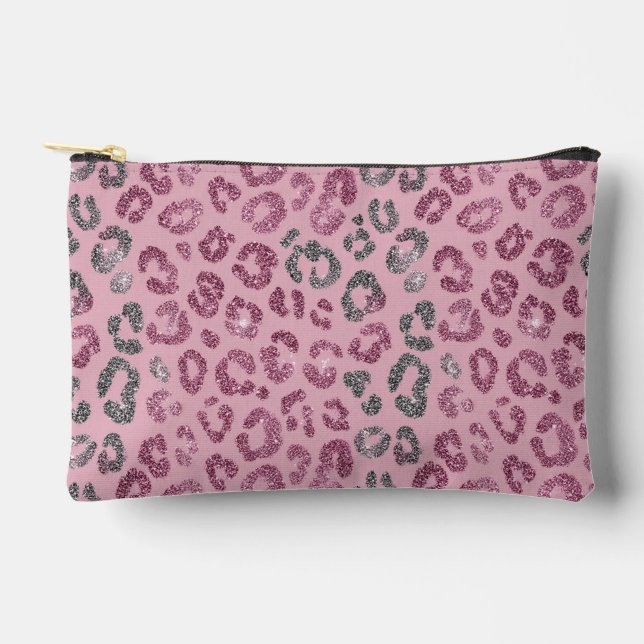 Elegant Pink Silver Glitter Leopard on Rose Gold Accessory Pouch (Front)