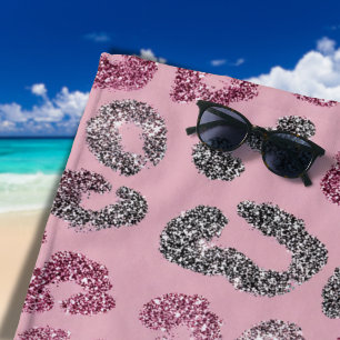 Elegant Pink Silver Glitter Leopard on Rose Gold Beach Towel