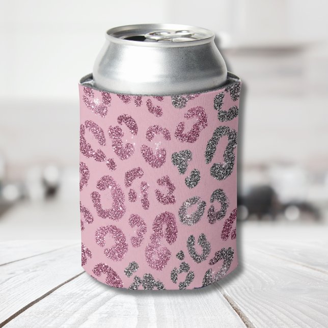 Elegant Pink Silver Glitter Leopard on Rose Gold Can Cooler (Creator Uploaded)