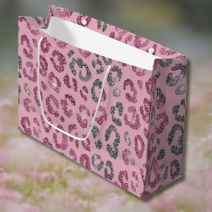 Elegant Pink Silver Glitter Leopard on Rose Gold Large Gift Bag