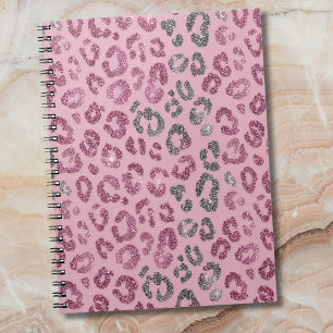 Elegant Pink Silver Glitter Leopard on Rose Gold Notebook