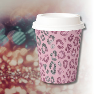 Elegant Pink Silver Glitter Leopard on Rose Gold Paper Cups