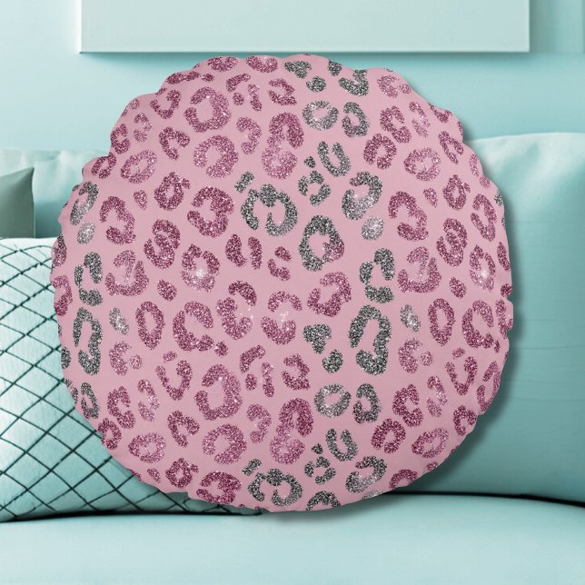 Elegant Pink Silver Glitter Leopard on Rose Gold Round Cushion (Creator Uploaded)