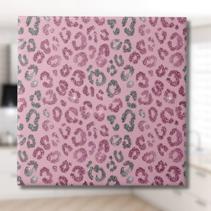 Elegant Pink Silver Glitter Leopard on Rose Gold Tile