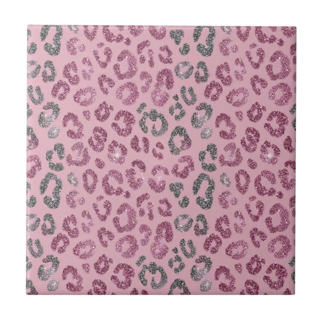 Elegant Pink Silver Glitter Leopard on Rose Gold Tile (Front)