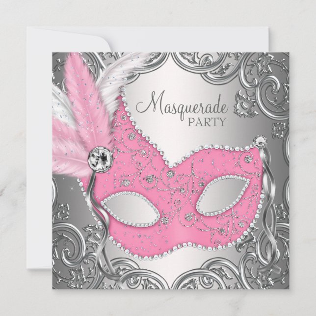 Elegant Pink Silver Mask Masquerade Party Invitation (Front)