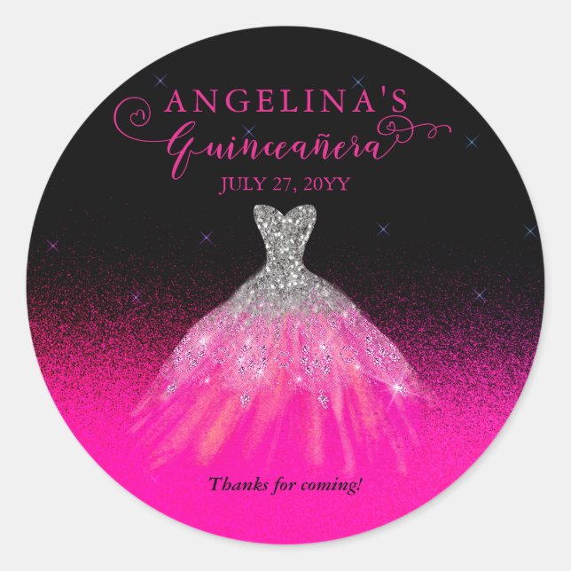 Elegant Pink | Silver Spanish Gown Quinceañera  Classic Round Sticker (Front)