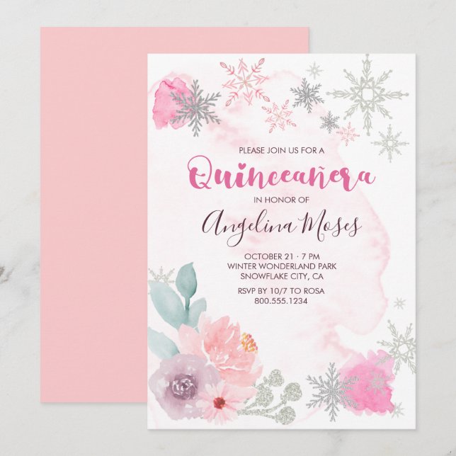 Elegant Pink Silver Winter Wonderland Quinceanera Invitation (Front/Back)