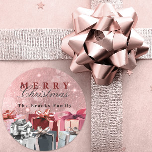 Elegant Pink Silver Wrapped Gift Boxes Christmas Classic Round Sticker