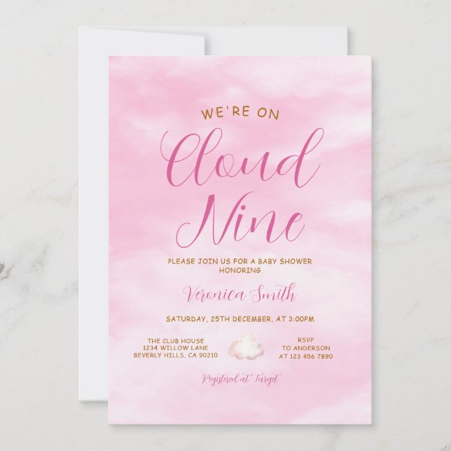 Elegant Pink Sky Cloud Nine Baby Shower Theme Invitation (Front)