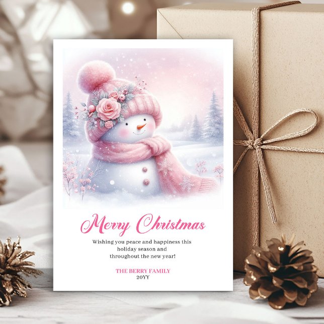 Elegant Pink Snowman Editable Kids Christmas Cards (Elegant Pink Snowman Editable Kids Christmas Greeting Card

)