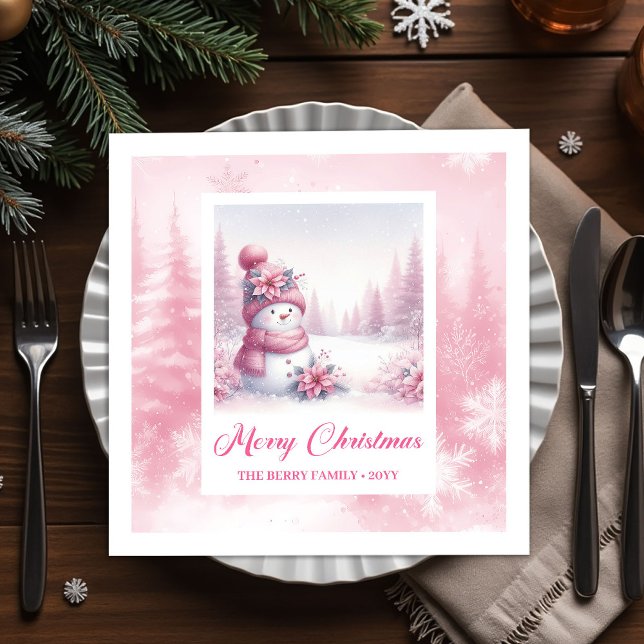Elegant Pink Snowman Family Gift Winter Scene Xmas Napkin (Charming Pink Snowman Pinkmas Winter Forest Napkins)
